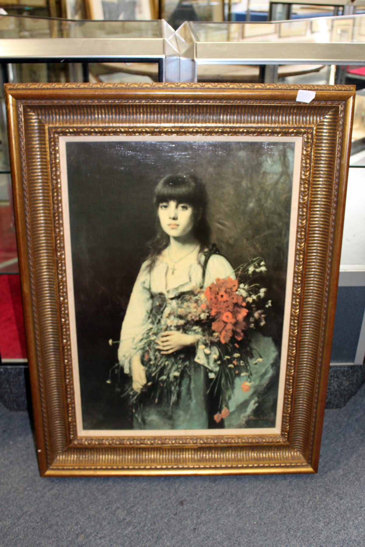 Portrait of a young lady holding a bouquet of flowers colour print on canvas in a decorative gilt