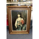 Portrait of a young lady holding a bouquet of flowers colour print on canvas in a decorative gilt