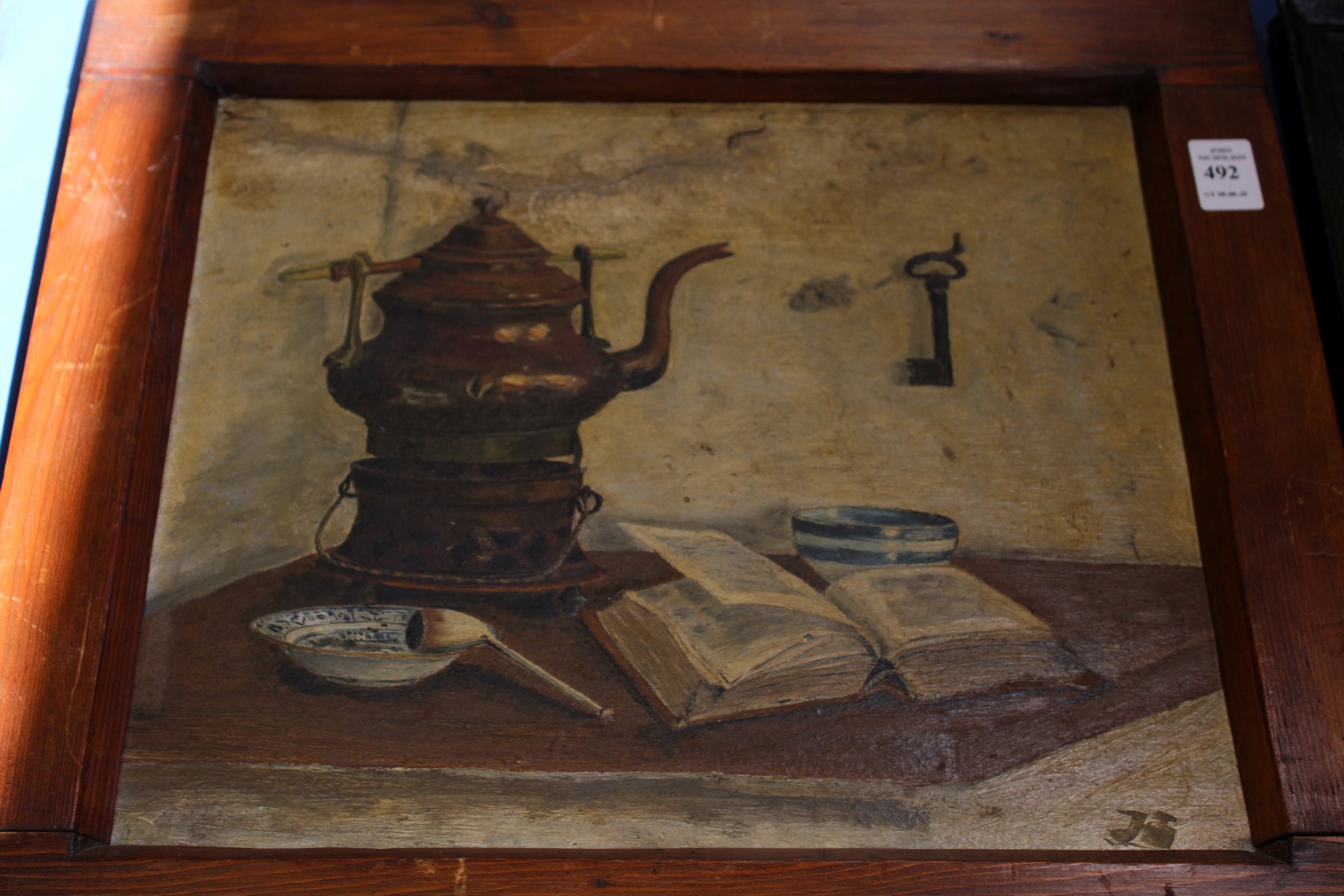 Still life study of a kettle bowls and book oil on canvas