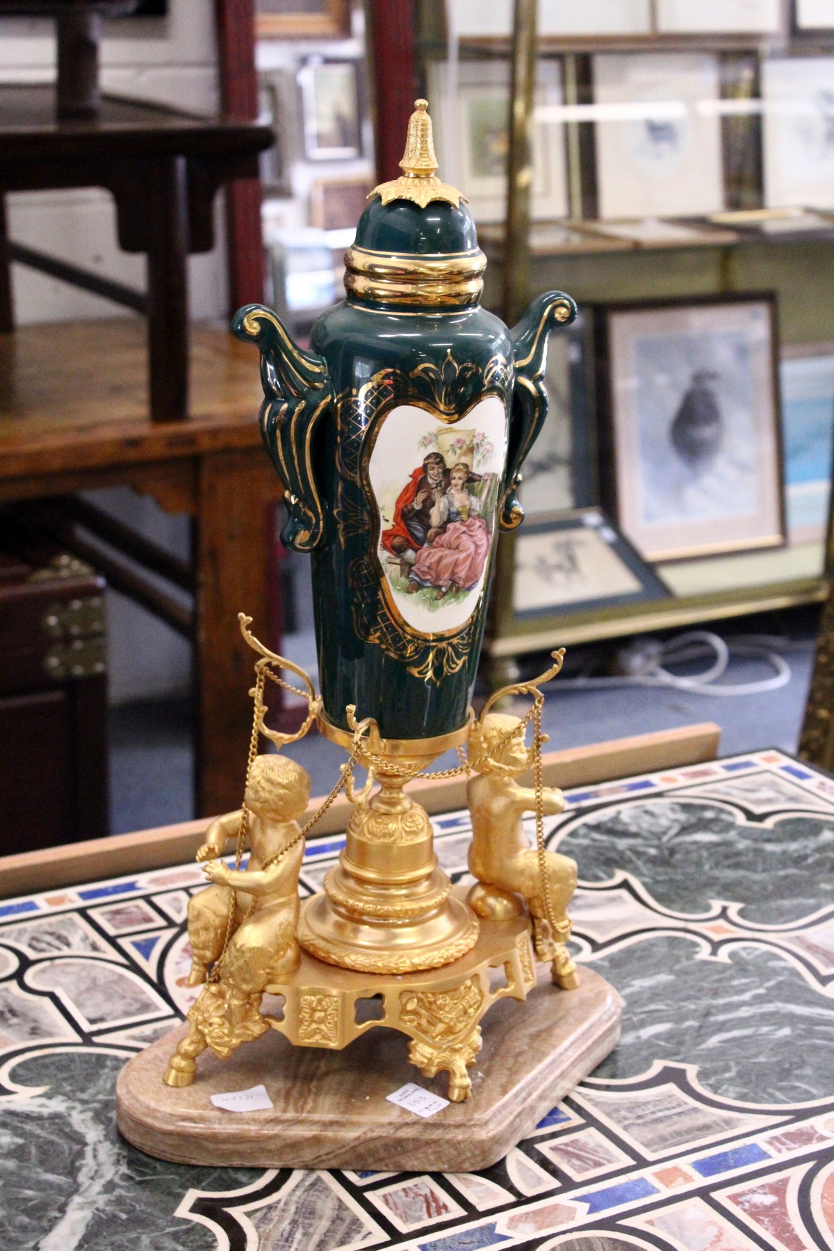 A pair of impressive continental ormolu marble and porcelain urns on stands - Image 2 of 2