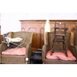 A dolls cot and metamorphic high chair