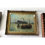 Port scene with steam boats and fishing boats oil on board