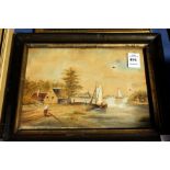 Continental school sailing ships by a river with a cottage and figures watercolour
