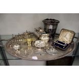 A large engraved and plated twin handled tray and other plated items