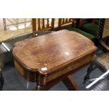 A Victorian figured walnut folding games table top with drawer (base lacking)