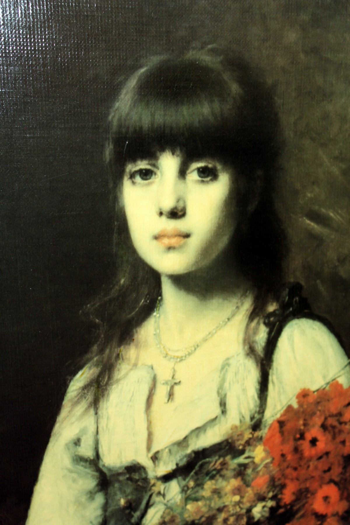 Portrait of a young lady holding a bouquet of flowers colour print on canvas in a decorative gilt - Image 2 of 2