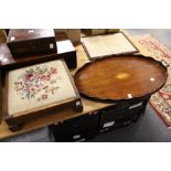 An inlaid oval mahogany tray and a small stool