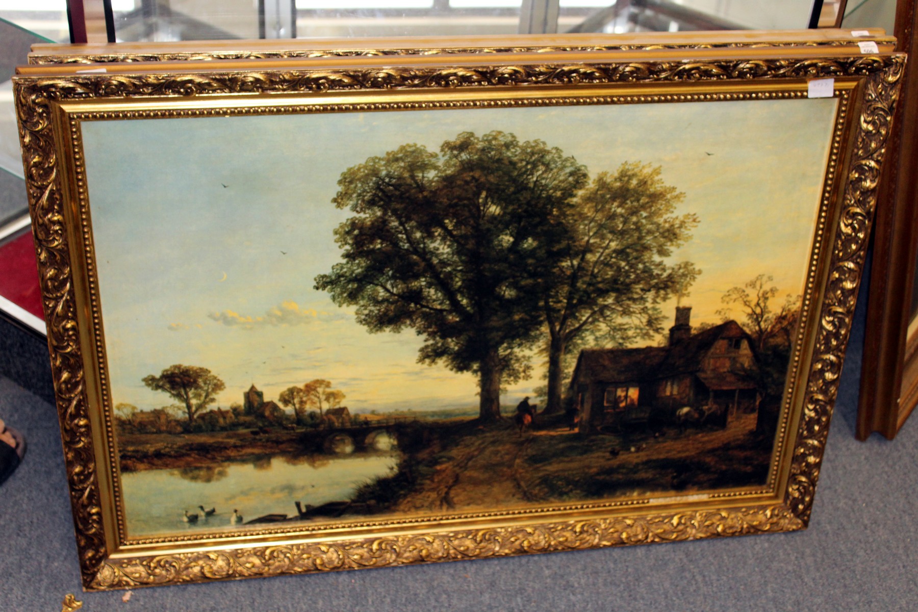 Rural landscape with a figure on horseback country cottage and trees by a river colour print on
