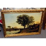 Rural landscape with a figure on horseback country cottage and trees by a river colour print on