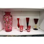 Cranberry glass beakers etc