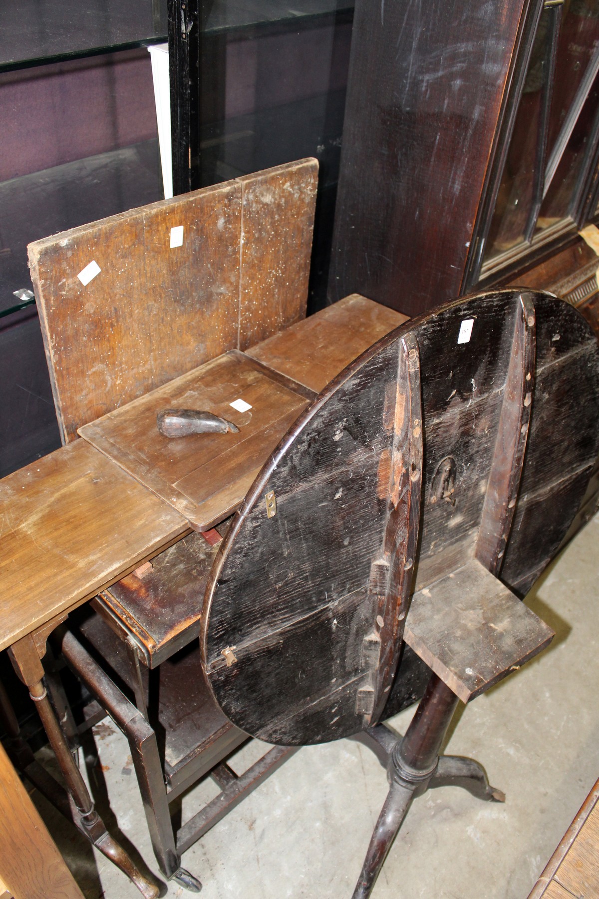 An oak tripod table etc