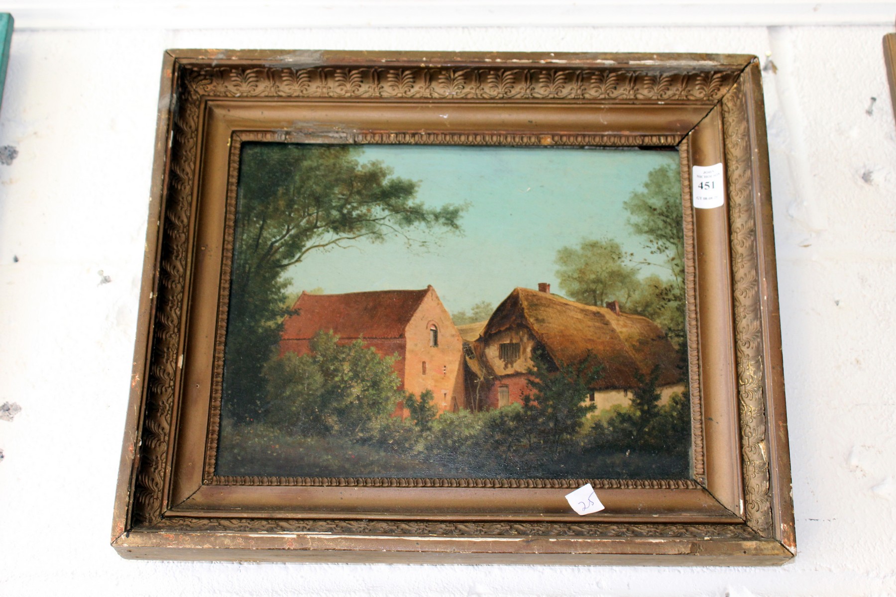 Rural landscape with thatched cottage and other buildings oil on board