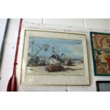 Portside scene with fishing boats watercolour signed