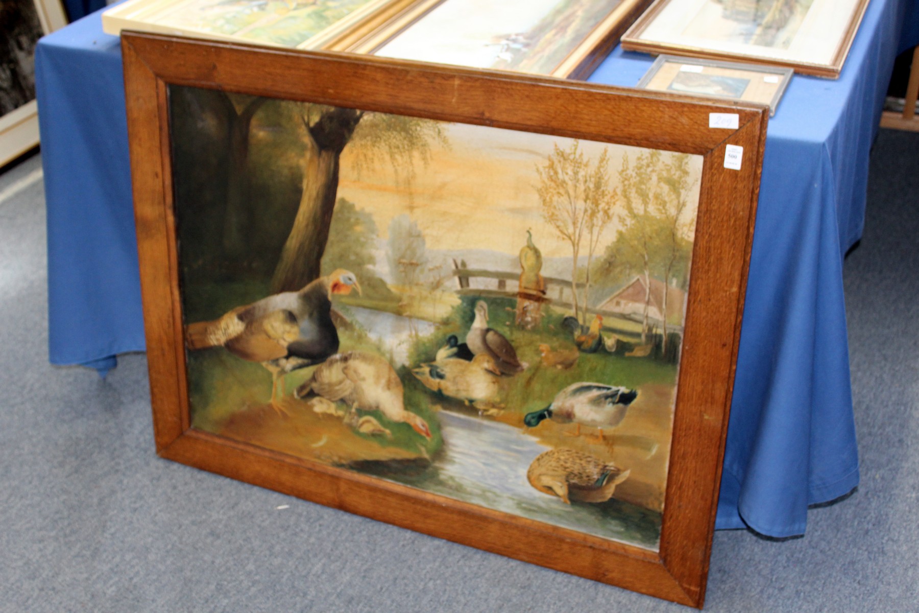 Turkeys and other wild fowl oil on canvas in a moulded oak frame