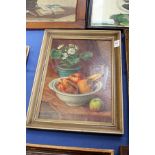 Still life of fruit in a bowl by a pot plant and glass oil on board