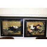 Japanese school Cranes waving in a lily pond colour prints a pair