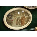 Joseph, Mary and the infant Jesus a woolwork tapestry picture oval framed and glazed