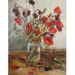 Roger Collin (20th Century). A Still Life of Red and Purple Flowers in a Glass Vase, Oil on Card,