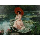 Bird (Late 20th Century). Lady Holding a Parasol on a Boat in a Lake with Lilies, Oil on Canvas,