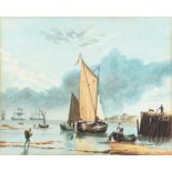 19th Century European School. Dutch Barges in a Harbour, Watercolour, Initialled H.E and Dated '