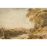 Circle of J. M. W. Turner. River Landscape with Distant Buildings, Watercolour, Bears Signature,