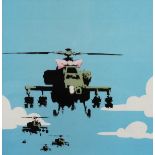 Banksy (b.1974) British. Helicopter with Bow in Blue Sky, 12" x 12".