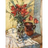 Roger Collin (20th Century). A Still Life of Mixed Flowers in a Square Glass Vase, Oil on Card,