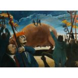 Martin Vernon (b.1966). Surreal Composition with Suited Men Riding a Pig, Oil on Canvas, 43" x 59".