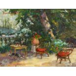 Dennis Gilbert (b.1922) British. A Scene of a Continental Terrace, Oil on Board, Signed, 7" x 9", in