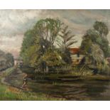 Karl Hagedorn (1889-1969) British. 'The Mill', a Scene of Boys Fishing before a Mill, Oil on Canvas,