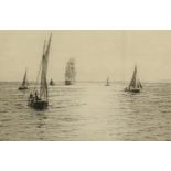 Rowland Langmaid (1897-1956) British. Sailboats off the Coast, Etching, Signed in Pencil, 6" x 9".