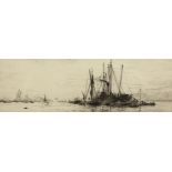 William Lionel Wyllie (1851-1931) British. An Estuary View with Moored Boats, Etching, Signed in