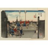 Japanese School. Many Figures Crossing a Bridge, Woodblock Print, Signed and with Seals, 9" x 13".