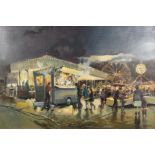 Tom Brown (1933-2017) British. Figures at a Fun Fair with a Carousel Beyond, Oil on Canvas,