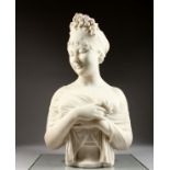 A VERY GOOD CARVED WHITE ITALIAN MARBLE BUST OF DIANA wearing a head piece and shawl, on a very good