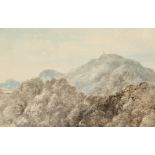 Circle of Arthur Devis. Wooded Landscape with Mountains Beyond, Watercolour, 5.5" x 9".