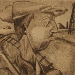 Percy Frank, Circa 1893. An Etching of a Farmer holding a Pick Axe, Signed in Pencil, 4" x 4".