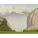 Robert Morson Hughes (20th Century) British. An Alpine View with Mountains Overlooking Lush