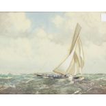 Robert Clouston Young (1860-1929) Scottish. A Gaff Rigged Racing Yacht, Watercolour, Signed, in Gilt