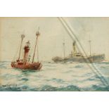 William Minshall Birchall (1884-1941) British. 'The Lightship', Watercolour, Signed, Inscribed and