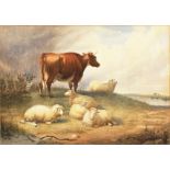 Circle of Thomas Sydney Cooper (1803-1902) British. Cattle and Sheep in a Riverside Meadow,
