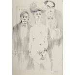 20TH Century. A Study of a Female Nude with 2 Male Companions, Mixed Media, Signed Indistinctly, 15"