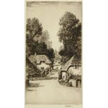 John Fullwood (1854-1931) British. Figures on a Village Road, Etching, 10" x 5".