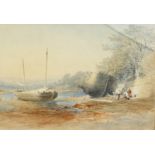 William Williams of Plymouth (1808-1895). Mending the Boats, Watercolour, Signed, 7" x 10".