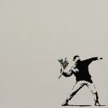 Banksy (b.1974) British. Man Throwing Flowers, 12" x 12".