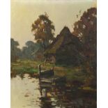 Early 20th Century Continental School. A River Landscape with Jetty and House, Oil on Canvas,