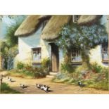 Gordon Lees (b.1933) British. A Thatched Cottage in Summer with Chickens in the Foreground,