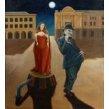 Martin Vernon (b.1966). Surreal Composition with Two Figures in a Town Square at Moonlight, Oil on