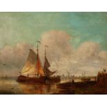 19th Century Dutch School. A Coastal Scene with Moored Vessels and a Windmill Beyond, Oil on Canvas,