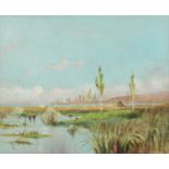 Oscar Ricciardi (1864-1935) Italian. Summer View over Water, Oil on Card, Signed, 10.5" x 12.5".